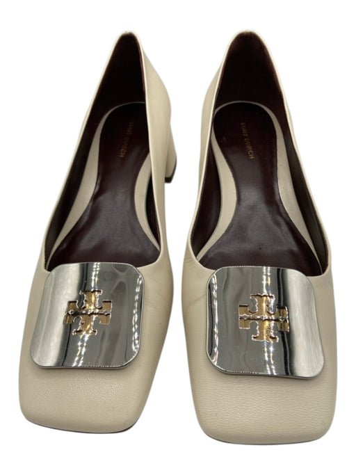Tory Burch Shoe Size 8 White, Silver, Gold Leather Metal Logo Square Toe Pumps White, Silver, Gold / 8