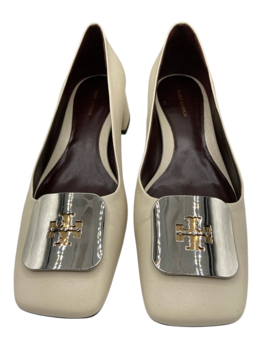 Tory Burch Shoe Size 8 White, Silver, Gold Leather Metal Logo Square Toe Pumps White, Silver, Gold / 8