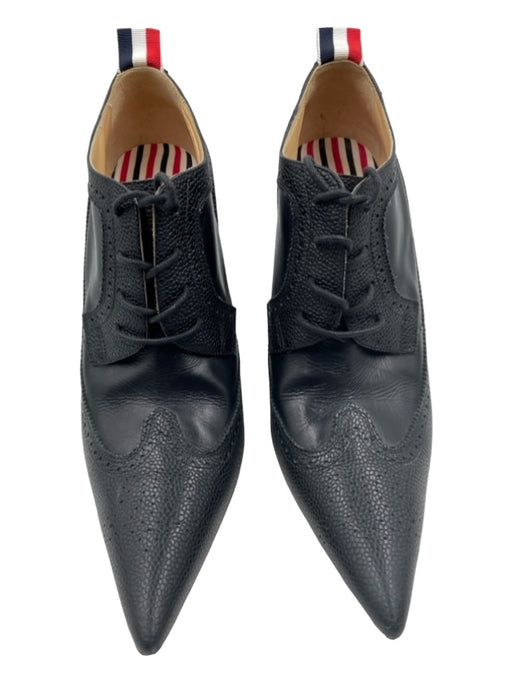 Thom Browne Shoe Size 38.5 Black Leather Pointed Toe Brogue Curved Heel Booties Black / 38.5