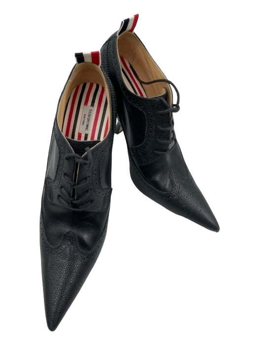 Thom Browne Shoe Size 38.5 Black Leather Pointed Toe Brogue Curved Heel Booties Black / 38.5