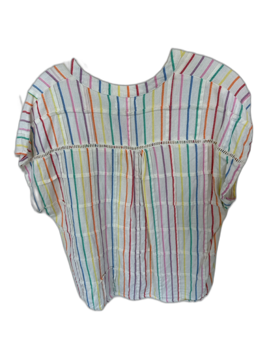THML Size Large Cream & Multi Cotton V Neck Striped Cap Sleeve Rainbow Top Cream & Multi / Large