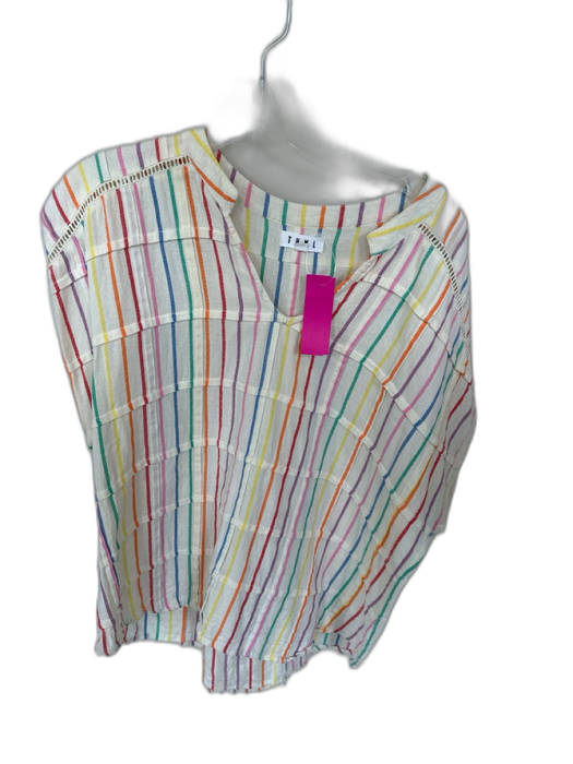 THML Size Large Cream & Multi Cotton V Neck Striped Cap Sleeve Rainbow Top Cream & Multi / Large