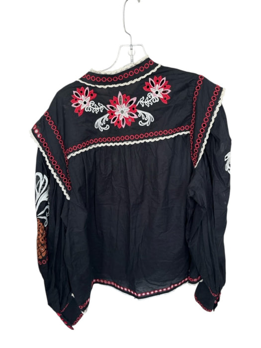 Farm Rio Size L Black & Red Cotton Long Balloon Sleeve Embroidered Flowers Top Black & Red / L