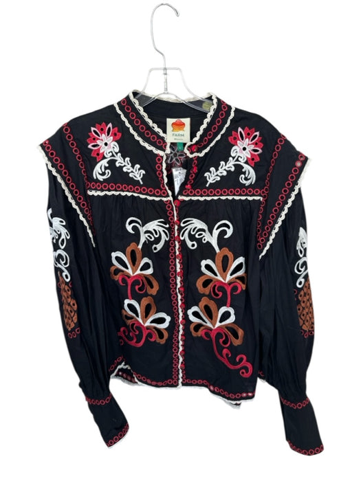 Farm Rio Size L Black & Red Cotton Long Balloon Sleeve Embroidered Flowers Top Black & Red / L