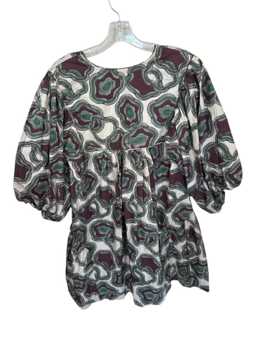 Mirth Size L Brown & Green Cotton Long Balloon Sleeve Flowers V Neck Dress Brown & Green / L