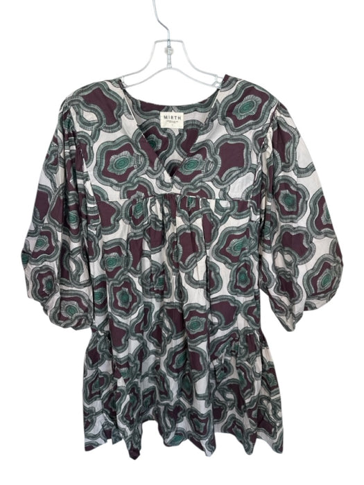 Mirth Size L Brown & Green Cotton Long Balloon Sleeve Flowers V Neck Dress Brown & Green / L