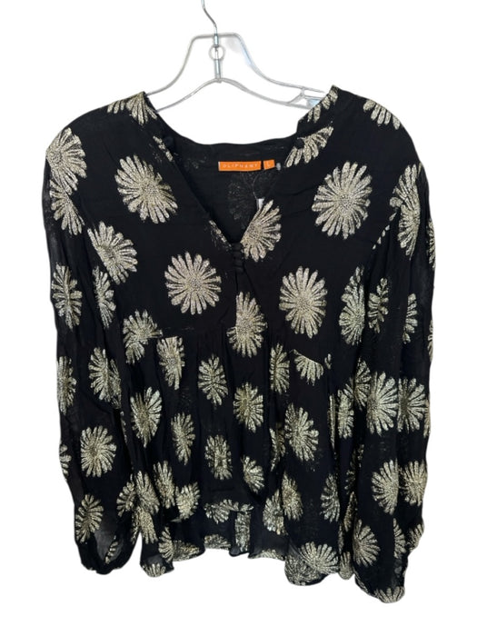 Oliphant Size L Black & Gold Viscose Blend Long Balloon Sleeve Flowers Top Black & Gold / L