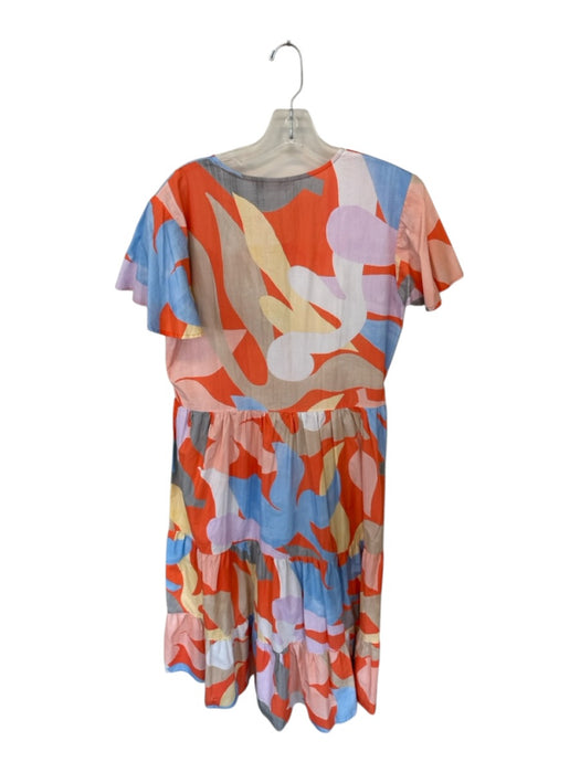 Oliphant Size L Orange & Pink Print Cotton Blend Abstract V Neck Ruffle Dress Orange & Pink Print / L
