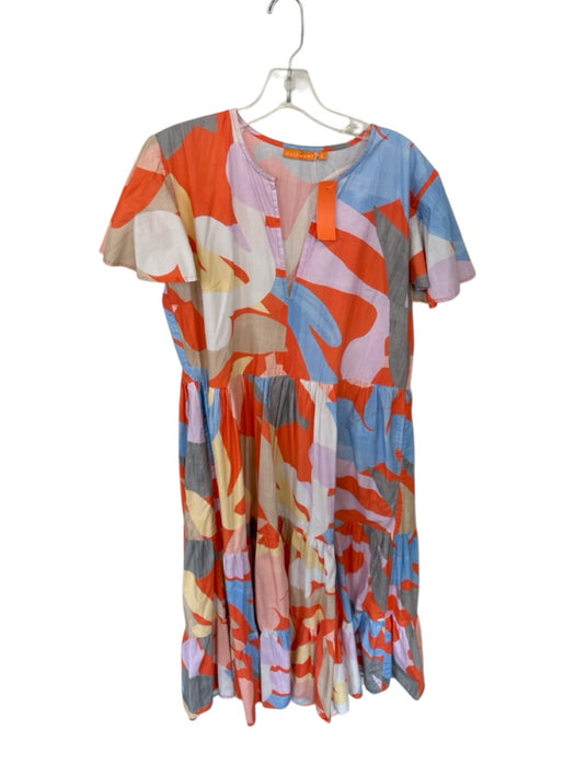 Oliphant Size L Orange & Pink Print Cotton Blend Abstract V Neck Ruffle Dress Orange & Pink Print / L