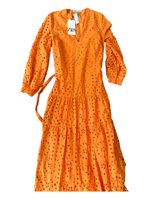 Zara Size XS Orange Cotton Long Sleeve Eyelet Maxi Belted Dress Orange / XS