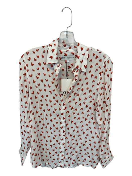 Zara Size XS White & Red Viscose Heart Button up Top White & Red / XS