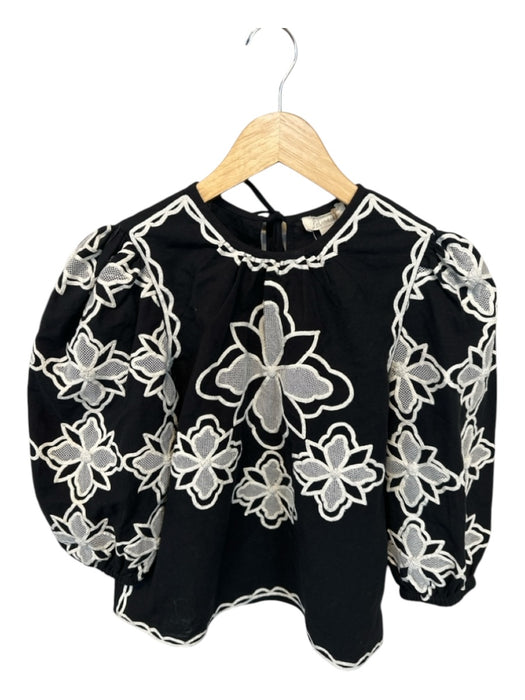 Letmebe Size XS Black & White Cotton & Linen Blend Embroidered Flowers Top Black & White / XS