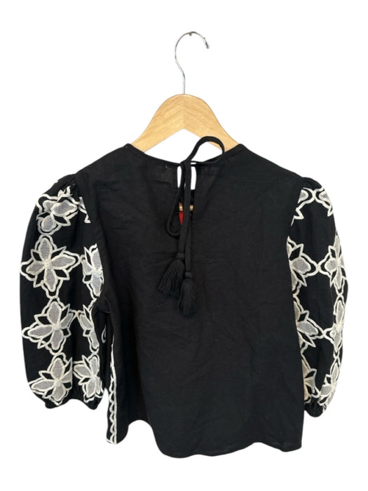 Letmebe Size XS Black & White Cotton & Linen Blend Embroidered Flowers Top Black & White / XS