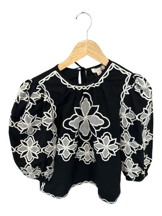 Letmebe Size XS Black & White Cotton & Linen Blend Embroidered Flowers Top Black & White / XS