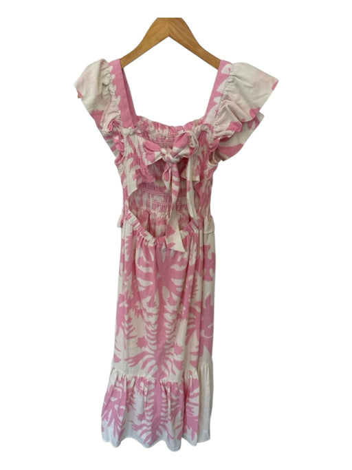 Sea New York Size Est S Pink & Cream Linen Flutter Sleeves smocked leaves Dress Pink & Cream / Est S