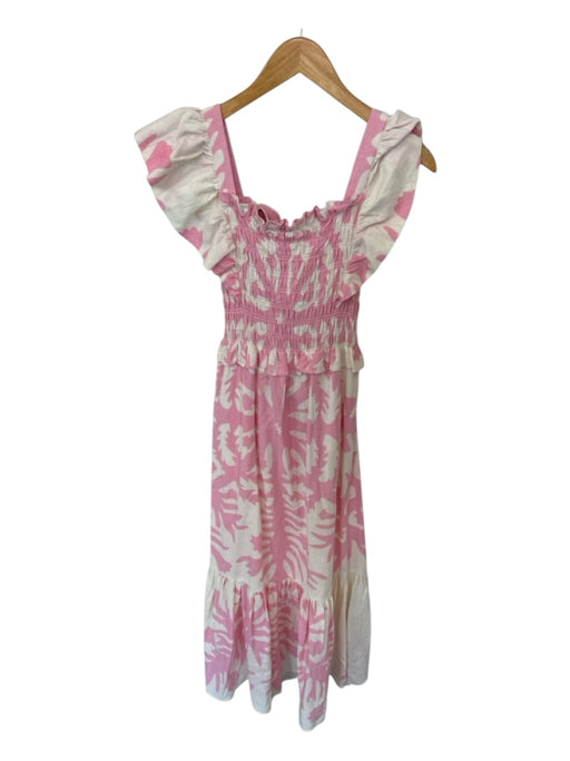 Sea New York Size Est S Pink & Cream Linen Flutter Sleeves smocked leaves Dress Pink & Cream / Est S