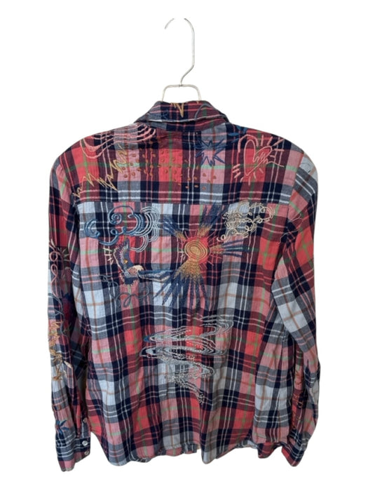 Johnny Was Size S Navy & Pink Cotton Long Sleeve Plaid Embroidered Top Navy & Pink / S