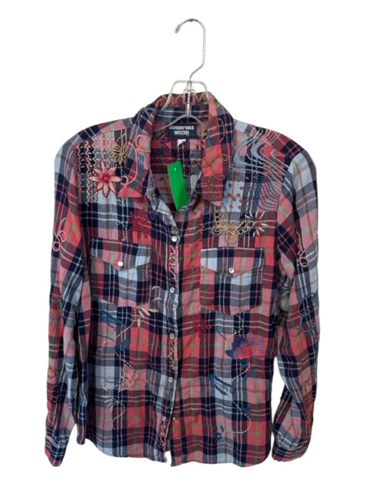 Johnny Was Size S Navy & Pink Cotton Long Sleeve Plaid Embroidered Top Navy & Pink / S
