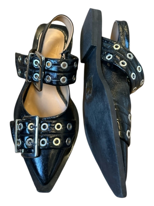 Ganni Shoe Size 36 Black & Silver Patent Leather Buckles Pointed Toe Flats Black & Silver / 36