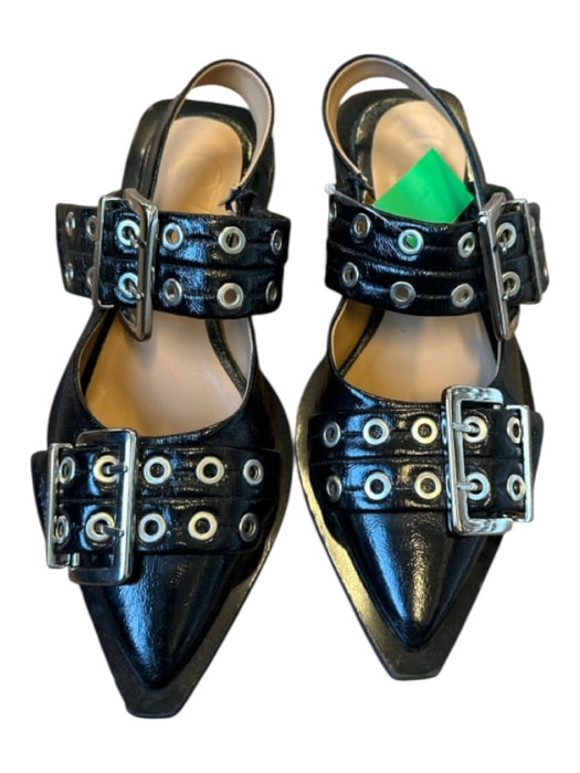 Ganni Shoe Size 36 Black & Silver Patent Leather Buckles Pointed Toe Flats Black & Silver / 36