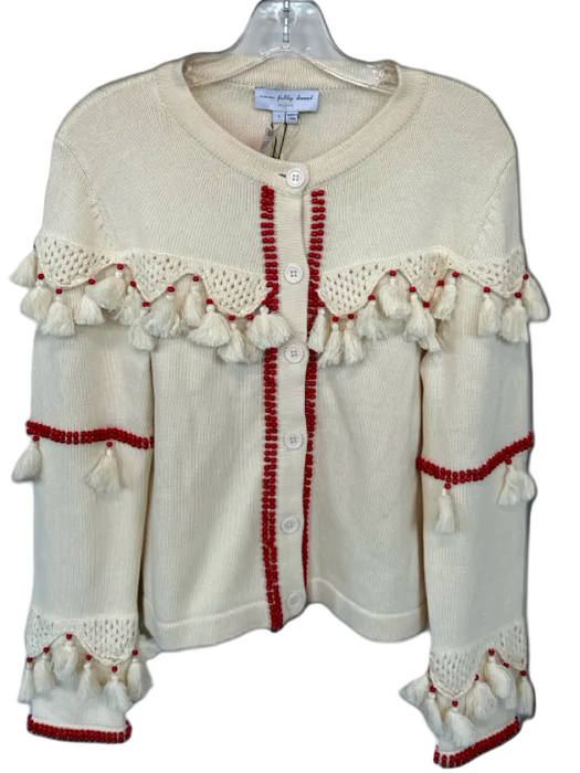 Never Fully Dressed Size S Cream & Red Cotton Fringe Beaded Cardigan Sweater Cream & Red / S
