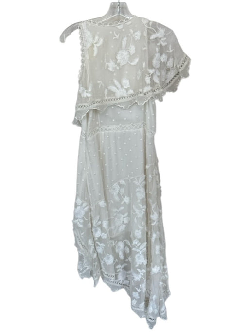 Size Est S White Silk Cape Sleeve scallop trim Flower Applique Midi Dress White / Est S