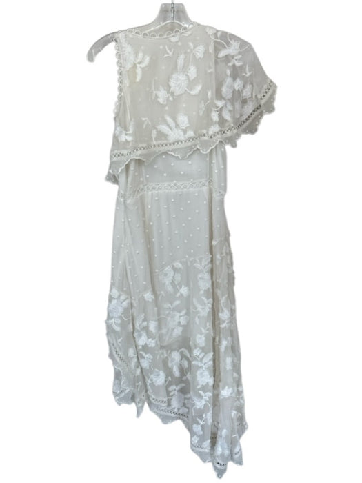 Size Est S White Silk Cape Sleeve scallop trim Flower Applique Midi Dress White / Est S