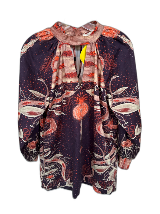 Carolina K Size XS Orange & Brown Cotton Long Balloon Sleeve Botanical Dress Orange & Brown / XS