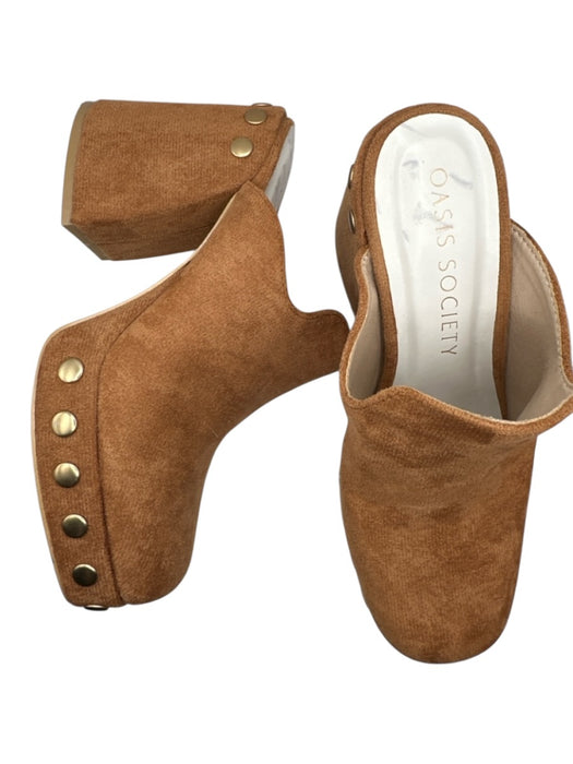 Oasis Society Shoe Size 6.5 Brown Vegan Leather Block Heel Gold Hardware Clogs Brown / 6.5