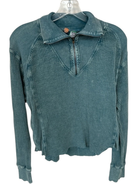 FP One Size Est M Teal Blue Cotton Long Sleeve Half Zip Waffle Top Teal Blue / Est M