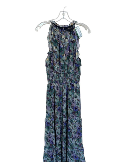 Shoshanna Size 6 Green & Purple Silk Sleeveless Ruffles Metallic Thread Gown Green & Purple / 6