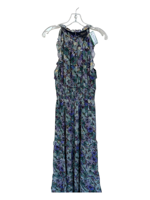 Shoshanna Size 6 Green & Purple Silk Sleeveless Ruffles Metallic Thread Gown Green & Purple / 6