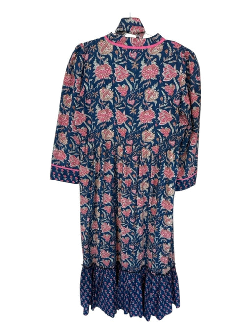 Madison Mathews Size S Navy & Pink Cotton Long Sleeve Botanical Belted Dress Navy & Pink / S