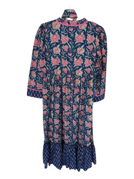 Madison Mathews Size S Navy & Pink Cotton Long Sleeve Botanical Belted Dress Navy & Pink / S