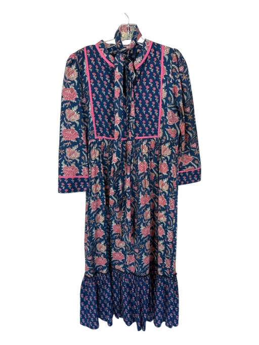 Madison Mathews Size S Navy & Pink Cotton Long Sleeve Botanical Belted Dress Navy & Pink / S