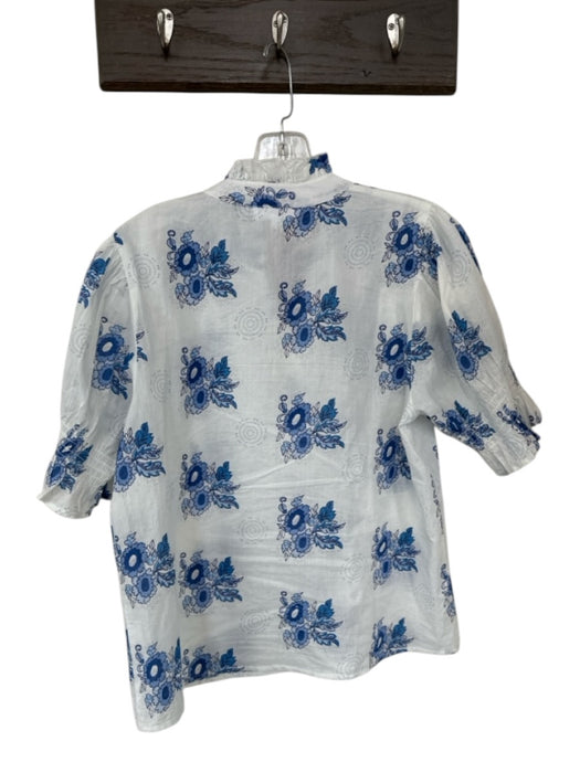 THML Size S Blue & White Cotton Half Sleeve Button Up Ruffle collar Floral Top Blue & White / S