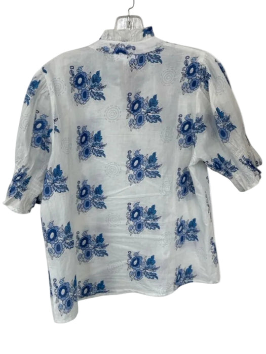 THML Size S Blue & White Cotton Half Sleeve Button Up Ruffle collar Floral Top Blue & White / S