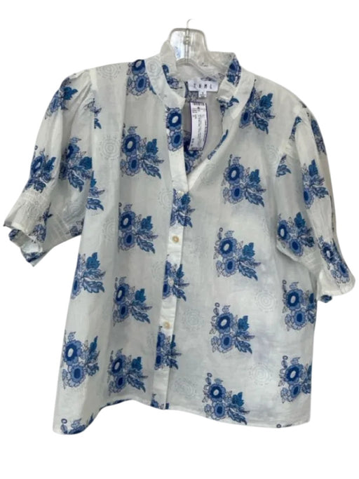 THML Size S Blue & White Cotton Half Sleeve Button Up Ruffle collar Floral Top Blue & White / S