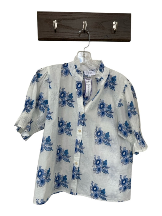 THML Size S Blue & White Cotton Half Sleeve Button Up Ruffle collar Floral Top Blue & White / S