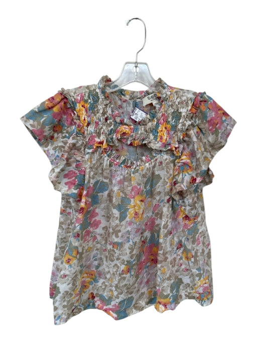 Sea New York Size 4 Tan & multi Cotton Floral Keyhole Front Scrunch Detail Top Tan & multi / 4