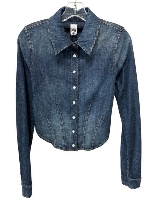 RE/DONE Size Medium Dark Wash Cotton Blend Long Sleeve Pleated Snap Button Top Dark Wash / Medium