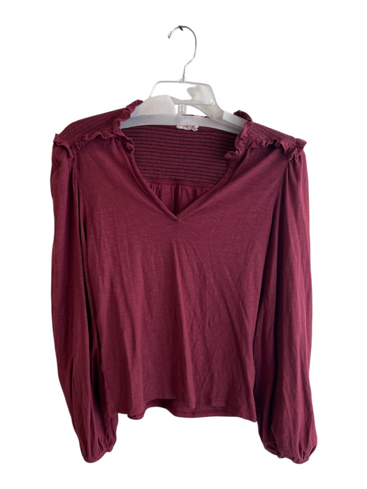 Nation Size S Maroon Cotton Long Sleeve Shirred Ruffle V Neck Top Maroon / S