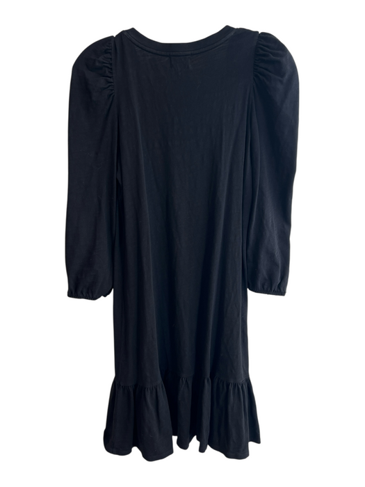 Nation Size S Black Cotton Long Sleeve V Neck Solid Color Puff Sleeve Dress Black / S