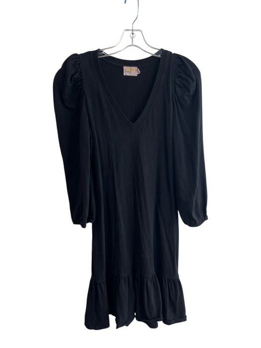 Nation Size S Black Cotton Long Sleeve V Neck Solid Color Puff Sleeve Dress Black / S