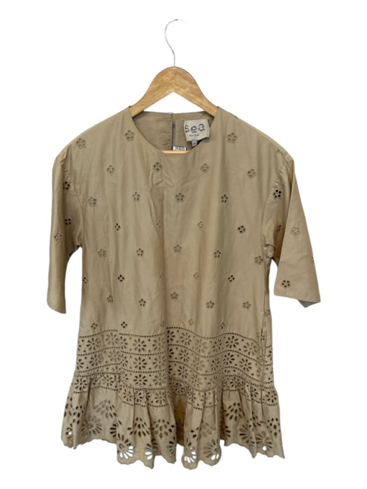 Sea New York Size 4 Tan Cotton Short Sleeve Eyelet Dress Tan / 4