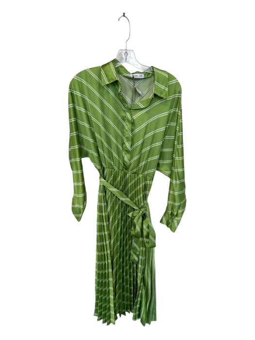 MNG Size 6 Green & White Polyester Long Sleeve Accordion Lines Maxi Dress Green & White / 6