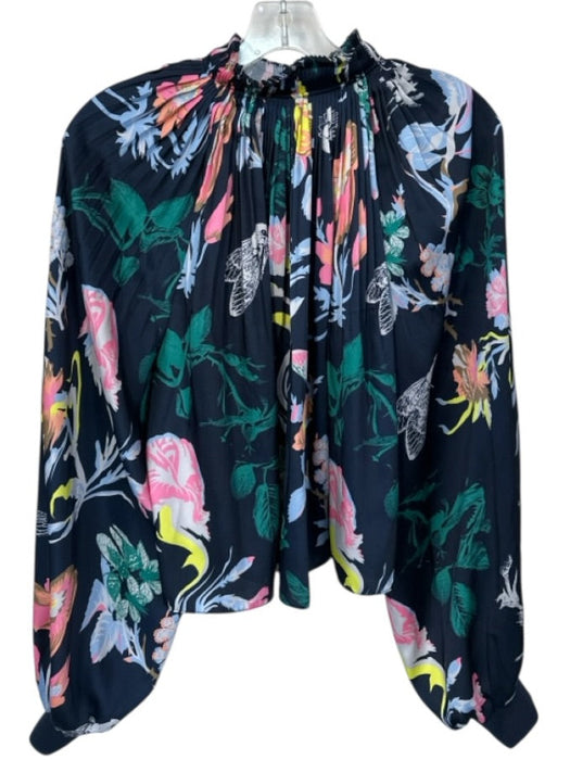 Tibi Size 6 Navy & Multi Polyester Long Balloon Sleeve Flowers Pleated Top Navy & Multi / 6