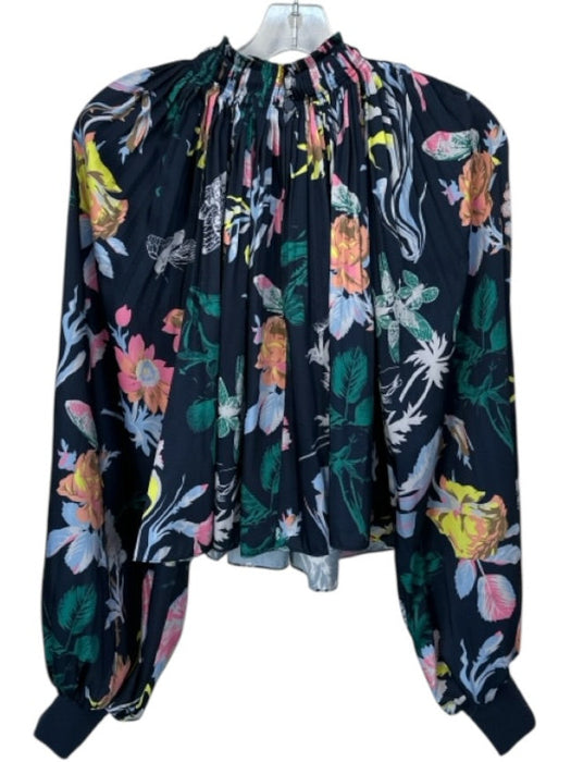Tibi Size 6 Navy & Multi Polyester Long Balloon Sleeve Flowers Pleated Top Navy & Multi / 6