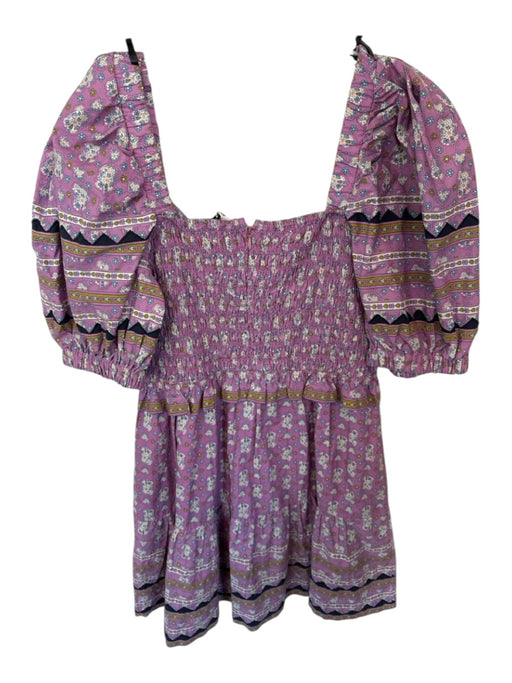 Sea New York Size M Purple & Blue Cotton Short Balloon Sleeve Flowers Dress Purple & Blue / M