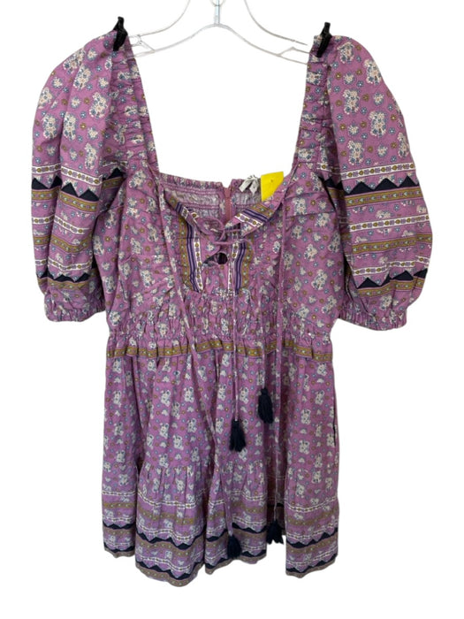 Sea New York Size M Purple & Blue Cotton Short Balloon Sleeve Flowers Dress Purple & Blue / M